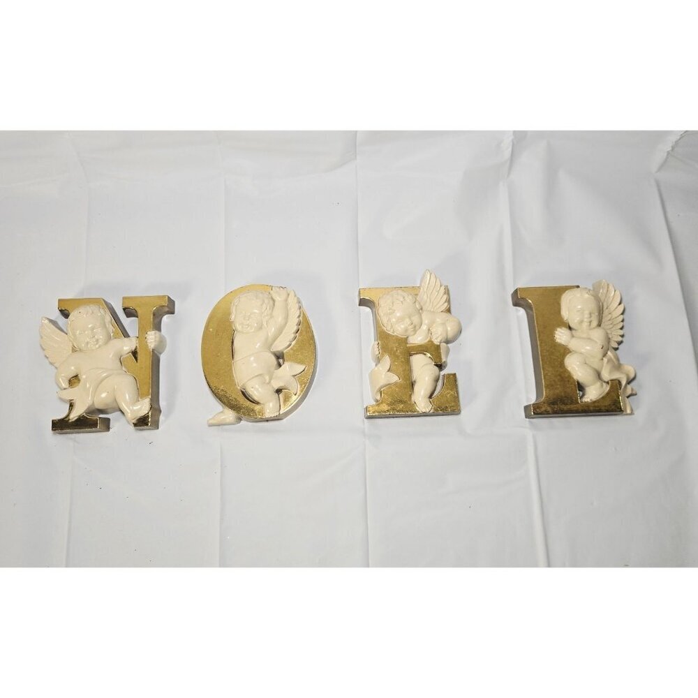 Vintage Christmas MCM Gold Plastic NOEL Cherubs Burwood Retro Cottage Core